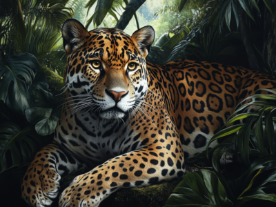 Jaguar roaming through a wild jungle, surrounded by dense trees and lush foliage.