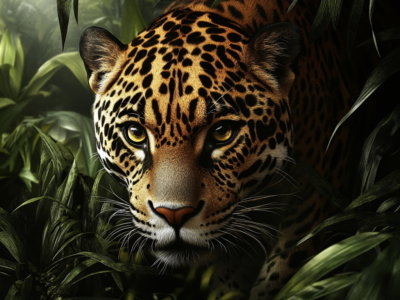 Jaguar walking through a lush jungle, surrounded by dense green foliage.