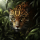 Jaguar walking through a lush jungle, surrounded by dense green foliage.