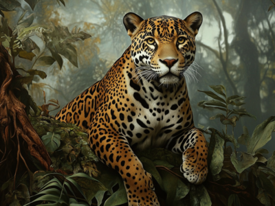 Jaguar in a dense jungle, surrounded by lush green foliage and dappled sunlight.