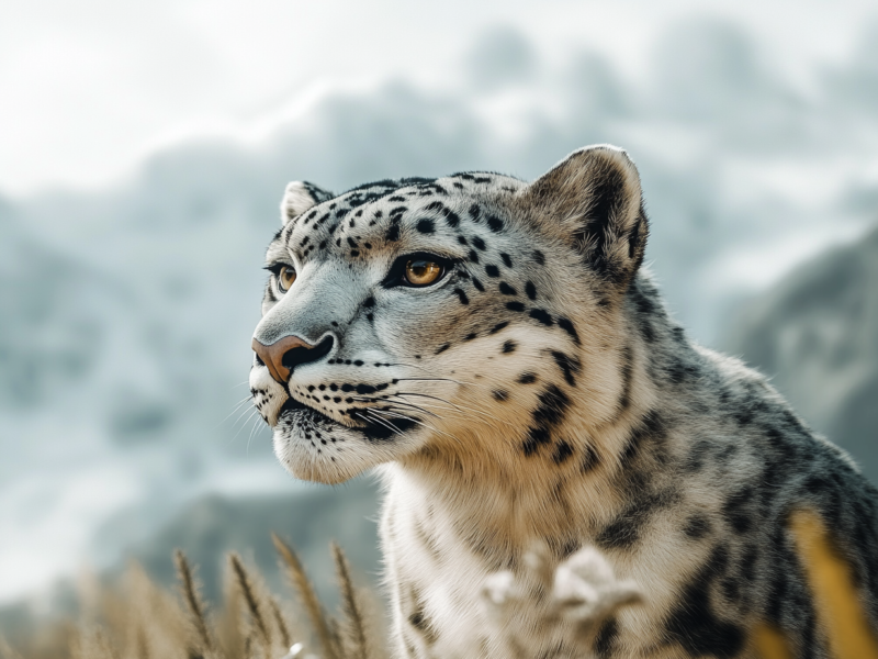 Close-up portrait of a snow leopard with piercing eyes and thick spotted fur.