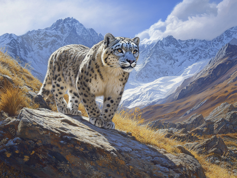 now leopard standing on a rocky mountain peak, surrounded by snowy landscapes.