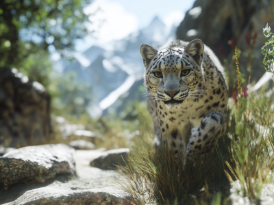 A snow leopard walks gracefully through its rugged, mountainous habitat.